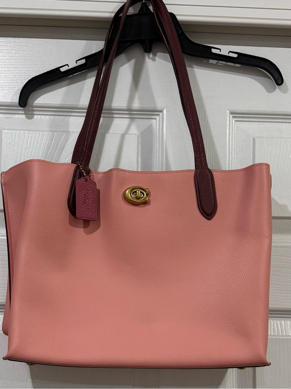 Coach Pink Willow Tote with Contrasting Burgundy Handles